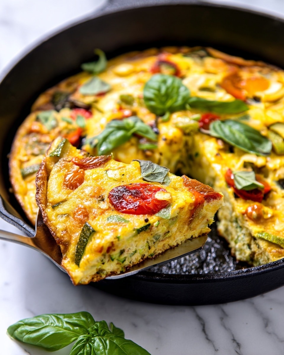 A golden-yellow frittata with visible chunks of green zucchini, red and orange cherry tomatoes, and bits of melted cheese fills a black cast iron skillet. The frittata is cut into a slice that is lifted by a silver spatula, showing the soft and fluffy texture inside. Bright green fresh basil leaves are scattered on top and around the skillet. The skillet is placed on a white marbled surface. photo taken with an iphone --ar 4:5 --v 7