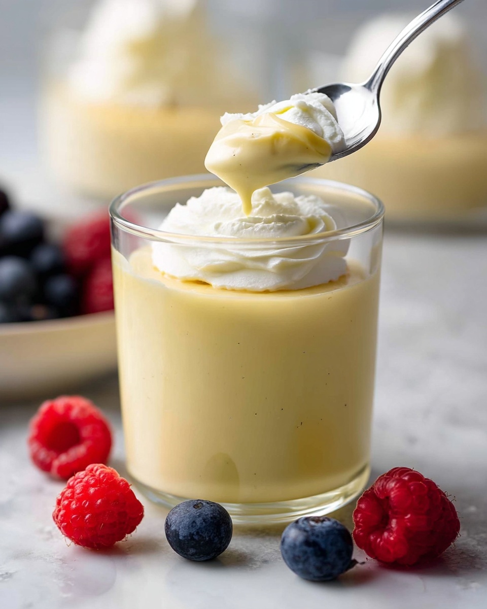 The image shows a clear glass with two layers: a thick, light yellow pudding layer at the bottom and a fluffy, white whipped cream layer on top. A spoon is lifting a scoop of the pudding and whipped cream, showing the smooth texture of the pudding and the soft cream. Nearby, fresh berries are placed on a white marbled surface, including a shiny dark blueberry and two bright red raspberries. The background is softly blurred with hints of other similar dessert glasses. Photo taken with an iphone --ar 4:5 --v 7