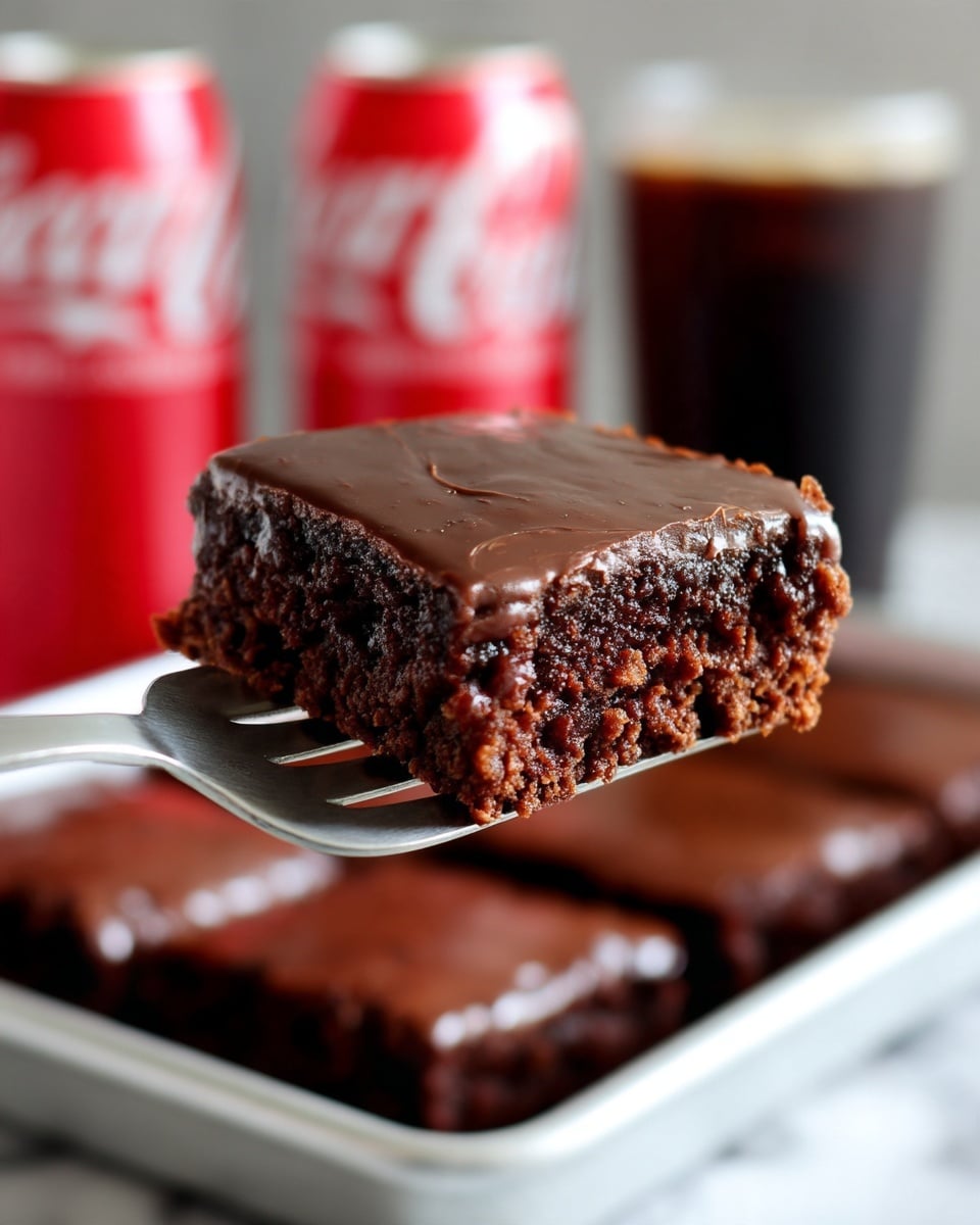 A close-up image of a single square piece of chocolate brownie resting on a silver fork, held above a white tray with more brownies inside. The brownie has two visible layers: a thick, dark brown, slightly crumbly base layer with a moist texture, and a glossy, smooth, dark chocolate top layer of frosting covering the entire surface. In the blurred background, there are two red bottles and a glass filled halfway with a dark liquid on a white marbled surface. Photo taken with an iphone --ar 4:5 --v 7