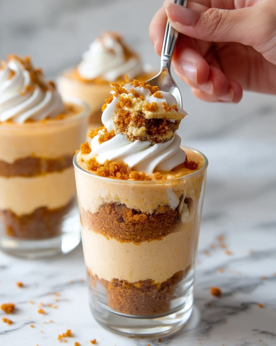 The image shows a layered dessert in a clear glass on a white marbled surface. The bottom layer is made of light brown crumbled pieces with a rough texture. Above this is a smooth, creamy orange layer, topped again by more light brown crumbles. The top layer is a fluffy white whipped cream, with some sprinkled crumbs on it. A silver spoon is held above the glass by a woman's hand, scooping up all layers, showing the mix of smooth creamy orange, white whipped cream, and crumbly brown pieces. The background has another similar dessert slightly blurred. photo taken with an iphone --ar 4:5 --v 7
