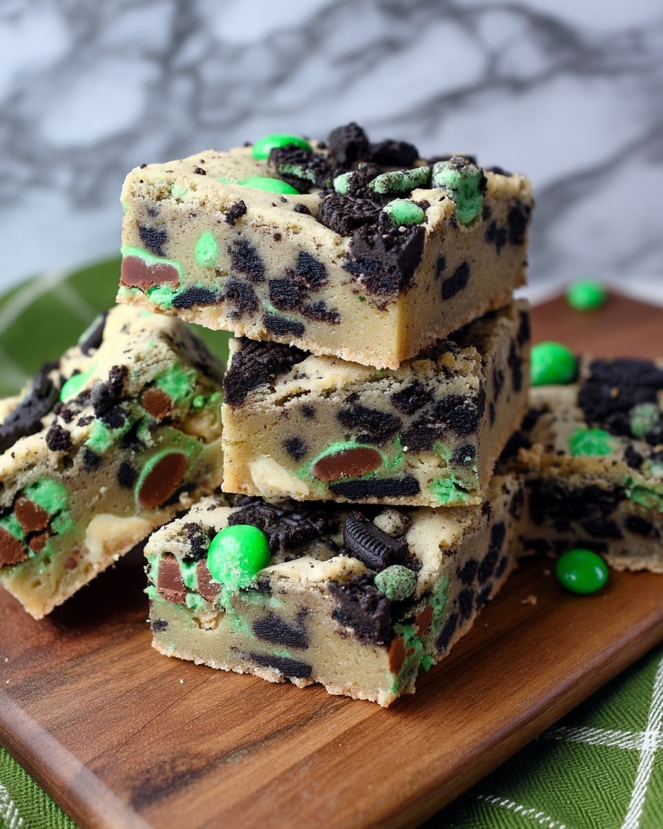The image shows a stack of thick, square bars made of a light beige dough mixed with dark cookie pieces and bright green candies. Each bar has three visible layers: a moist base, a thick middle layer filled with chunks of dark crushed cookies and green candy pieces, and a slightly crumbly top also dotted with cookie pieces and green candies. The bars are stacked casually on a wooden board, with one bar angled in front to show its texture clearly. The background is a white marbled texture, with a green cloth partially in view at the bottom right corner. photo taken with an iphone --ar 4:5 --v 7
