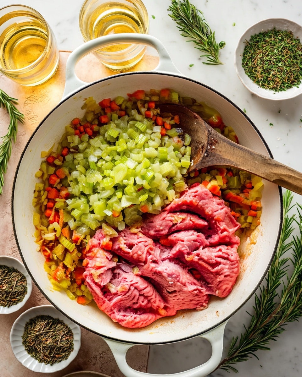 The image shows a white pot with soft cooked small diced carrots, celery, and onions forming the bottom layer, around and under two large portions of raw ground pink and purple meat sitting on top. A wooden spoon rests inside the pot, partially covered by the vegetables and meat. The pot is placed on a white marbled surface with small bowls of dried herbs and fresh rosemary visible around it. Two glasses filled with a light-colored drink are also in the background. photo taken with an iphone --ar 4:5 --v 7