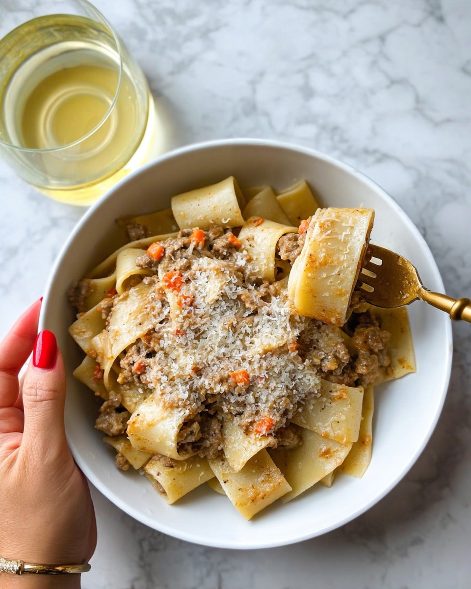 A close-up view of a white bowl filled with wide pasta ribbons layered with a creamy meat sauce that is light brown with small bits of orange and dark specks, topped with grated white cheese. A woman's hand with red nail polish holds a gold fork lifting a rolled piece of pasta filled with the same sauce. The background is a white marbled surface with a glass containing a light yellow drink slightly out of focus. photo taken with an iphone --ar 4:5 --v 7