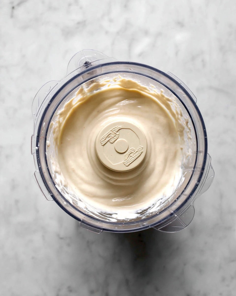 The image shows a top view of a clear plastic blender container filled with smooth, light beige creamy mixture. The container has a lid with a small round opening in the center, revealing the creamy texture inside. The blender is placed on a surface with a white marbled texture, and no other objects are visible around it. The creamy mixture appears thick but well blended without any visible chunks. photo taken with an iphone --ar 4:5 --v 7
