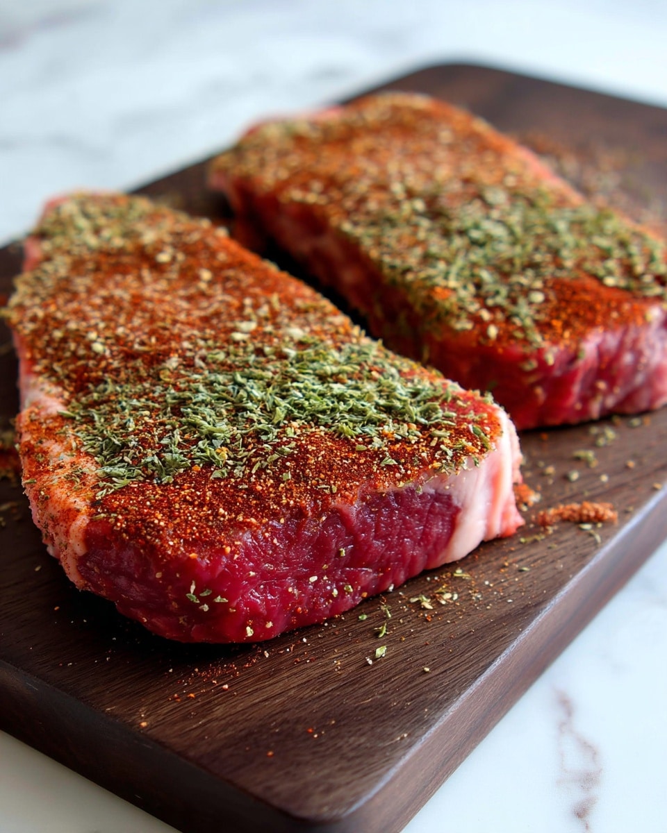 Two raw steaks lie side by side on a dark wooden board placed on a white marbled surface. Each steak is thick and red with marbled fat, covered evenly with a reddish-brown spice powder and greenish dried herbs sprinkled on top. The texture of the steaks appears fresh and moist beneath the layer of seasoning. Photo taken with an iphone --ar 4:5 --v 7