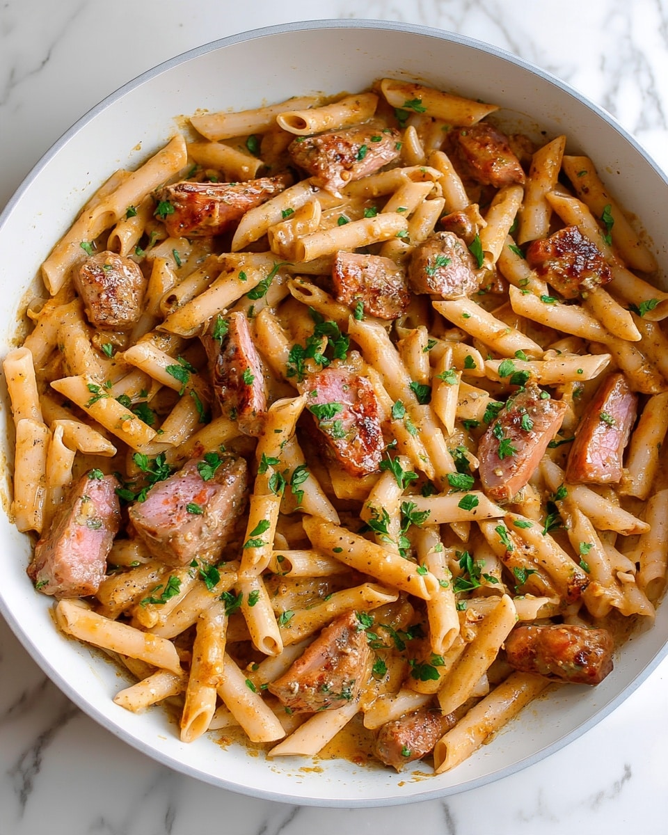 A white pan filled with penne pasta coated in a light brown sauce, mixed with pieces of cooked meat that have a slightly pink center and browned edges. The dish is sprinkled with chopped green herbs evenly across the top, adding a fresh touch to the creamy pasta. The pasta tubes are well coated and slightly glossy, with the meat pieces scattered throughout, showing a mix of textures. The pan sits on a white marbled surface. Photo taken with an iphone --ar 4:5 --v 7