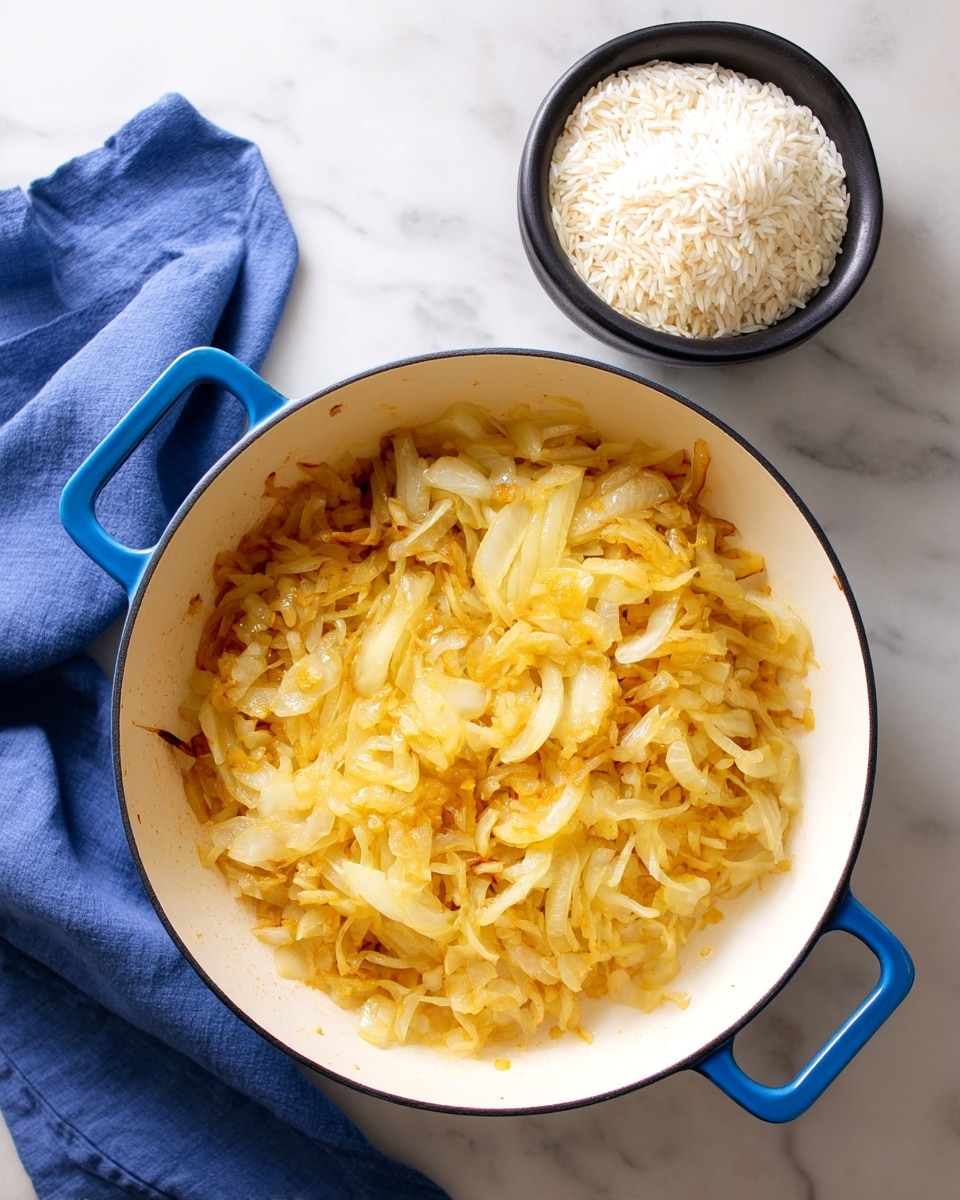 A white cooking pot with blue handles holds one layer of thinly sliced onions cooked to a soft golden brown with slight caramelization and a light oily texture spread mostly in the center. Next to the pot, on a white marbled surface, there is a small black bowl filled with uncooked white rice grains. A blue cloth is seen partly under the pot on the left side. Photo taken with an iphone --ar 4:5 --v 7