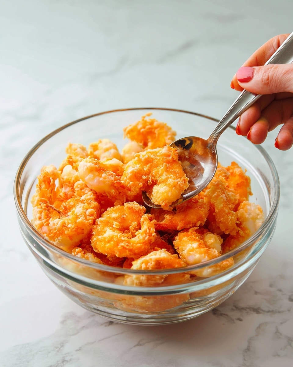 A clear glass bowl filled with bright orange battered shrimp showing a crispy texture. A woman's hand is holding a silver spoon scooping some shrimp from the bowl. The bowl is set on a white marbled surface. The scene looks fresh and simple, with the shrimp having a crunchy and light coating. photo taken with an iphone --ar 4:5 --v 7