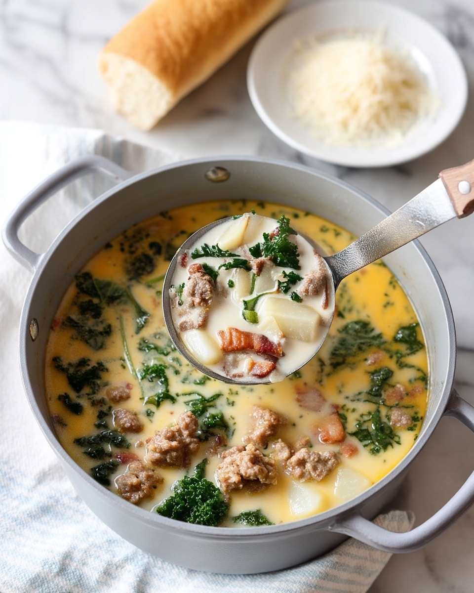 A close-up of a grey pot filled with creamy soup. The soup has a light yellow broth with green kale leaves, small beige potato pieces, browned ground meat, and crispy bacon bits mixed throughout. A metal ladle with a wooden handle holds a scoop of soup above the pot, showing all ingredients clearly. The pot is on a white marbled surface next to a white plate, a folded towel with light blue and white stripes, some grated cheese, and a soft light brown roll bread. Photo taken with an iphone --ar 4:5 --v 7