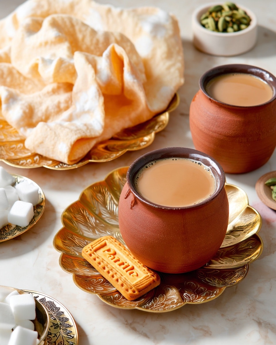 Two round, brown clay cups filled with light brown tea sit on a white marbled surface. The cup in front is placed on a shiny golden leaf-shaped plate which holds two rectangular golden cookies with the word