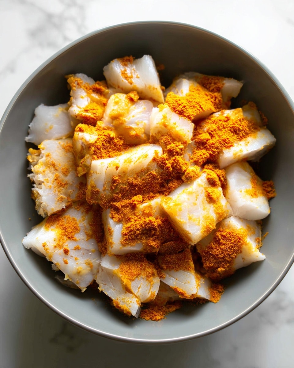 A gray bowl filled with broken pieces of white fish fillet scattered across the bowl, each piece lightly coated with a bright orange spice powder that is unevenly spread with areas showing a denser layer. The fish pieces have a soft, flaky texture and are arranged loosely without a specific order on the bottom of the bowl. The bowl is positioned on a white marbled surface. Photo taken with an iphone --ar 4:5 --v 7