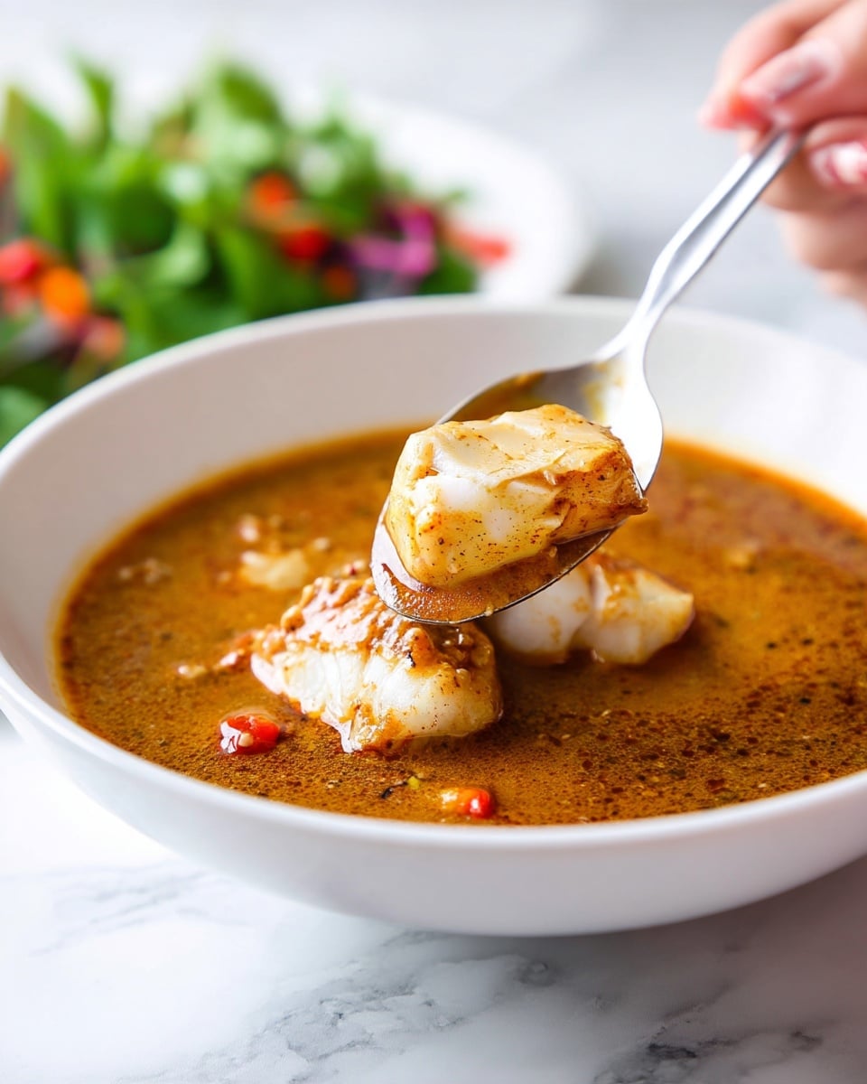 The image shows a close-up of a white bowl filled with a rich, brownish-orange sauce with a slightly thick texture. Inside the sauce, there are chunks of white fish, with a woman's hand holding a spoon lifting a piece of the fish from the bowl. In the background, out of focus, there are hints of green leafy herbs and small bits of red vegetables. The bowl rests on a white marbled surface, and the scene is warmly lit, showing the smooth and creamy texture of the sauce and the tender look of the fish. photo taken with an iphone --ar 4:5 --v 7