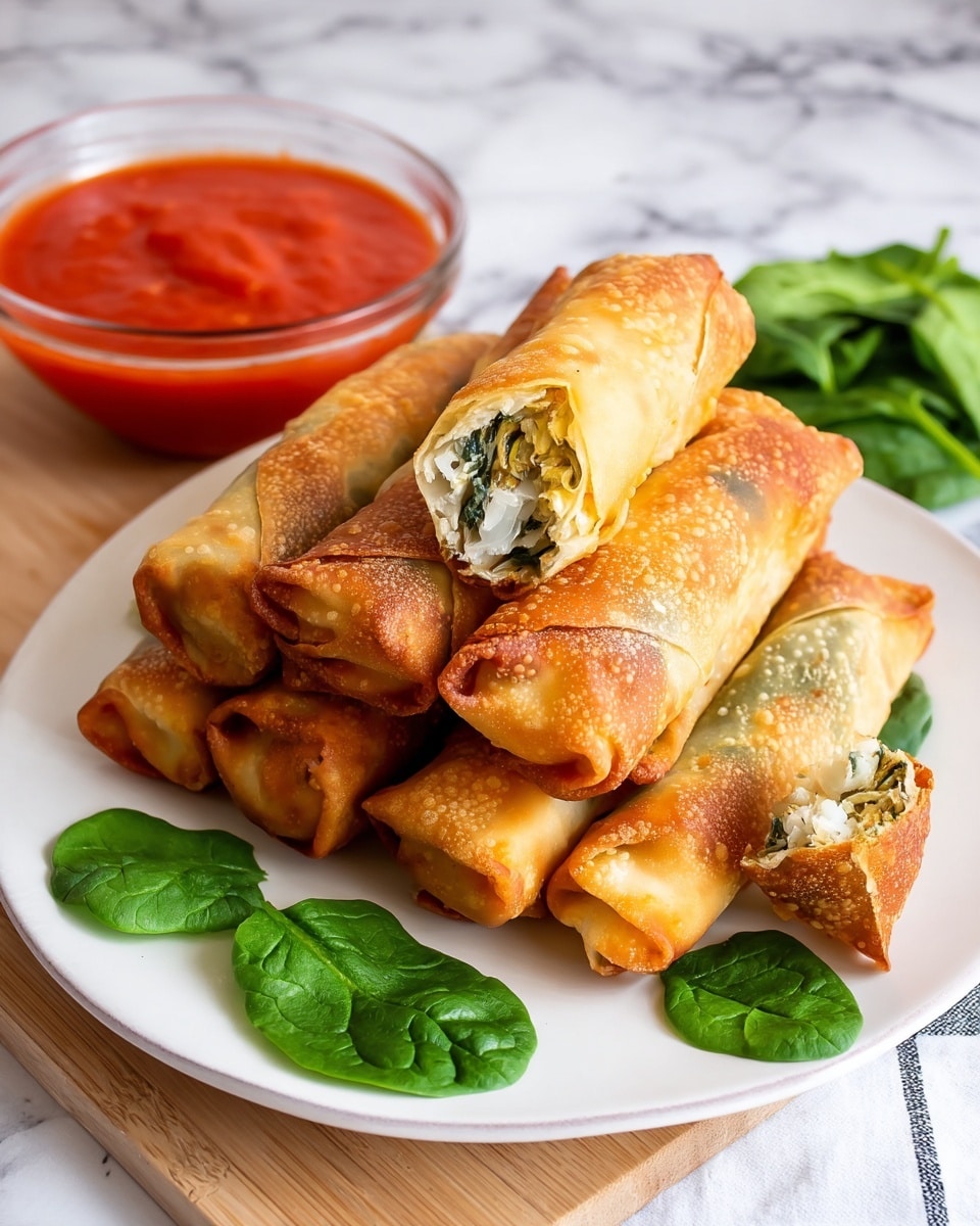 A white plate holds six rolled golden-brown, crispy spring rolls stacked in two layers at the center; the textures show bubbly, flaky surfaces with some green leafy filling visible inside the wrapper. One spring roll is separated and broken open at the front, revealing soft white filling and green spinach leaves. Fresh green spinach leaves are placed decoratively on the plate and scattered on the wooden surface around it. Near the plate, there is a clear glass bowl filled with bright red tomato sauce, sitting on a white and black checkered cloth. The background is a white marbled texture. photo taken with an iphone --ar 4:5 --v 7