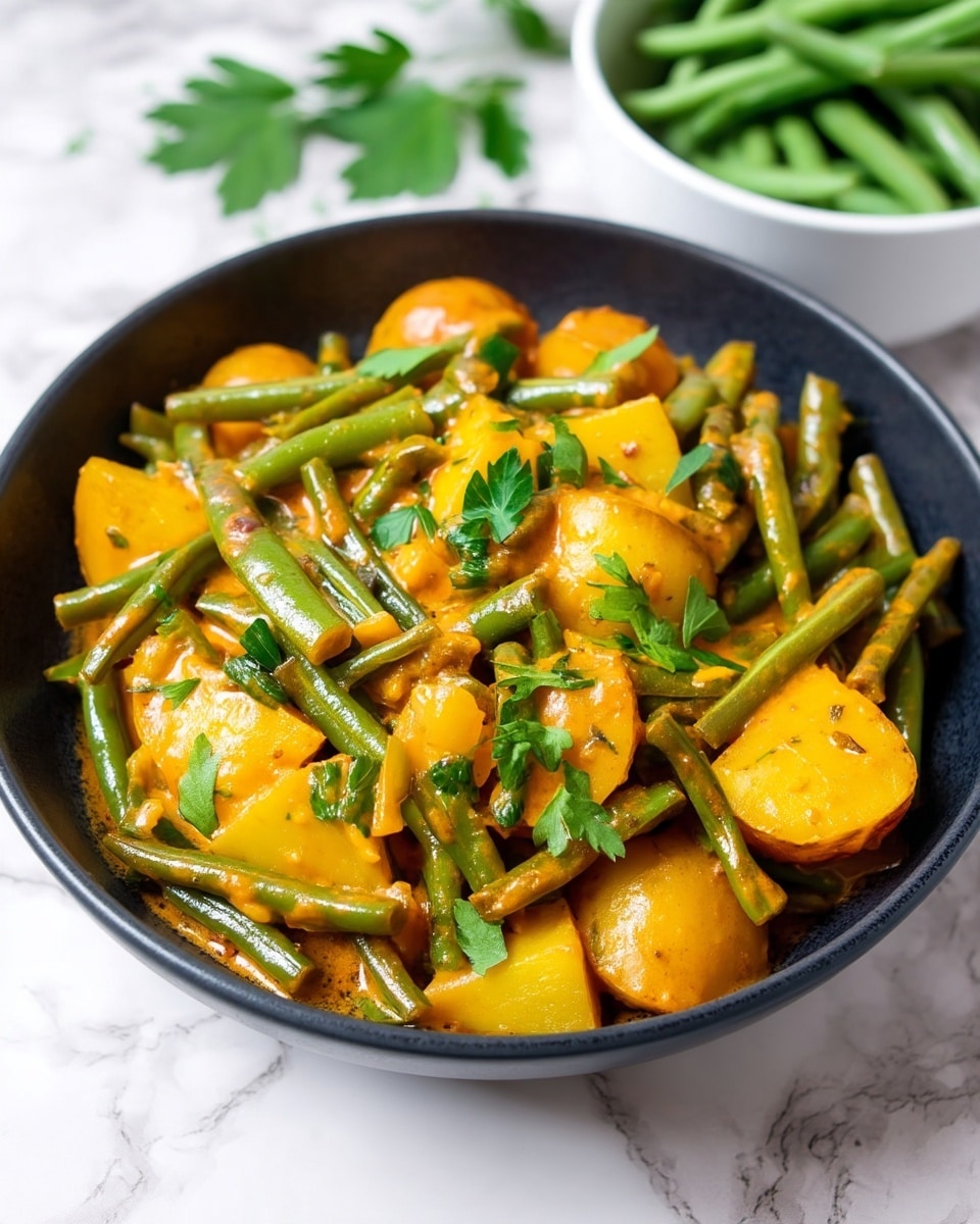 The image shows a dark bowl filled with a colorful dish made of bright green beans and golden yellow potato pieces mixed in a creamy orange sauce. The green beans are cut into short pieces scattered evenly among the potatoes. There are small bits of green herbs sprinkled on top, adding a fresh look. In the background, a white marbled surface holds a white bowl filled with dark beans, and a few whole green beans are placed nearby. The colors and textures of the dish contrast nicely with the dark bowl and the white marbled surface. Photo taken with an iphone --ar 4:5 --v 7
