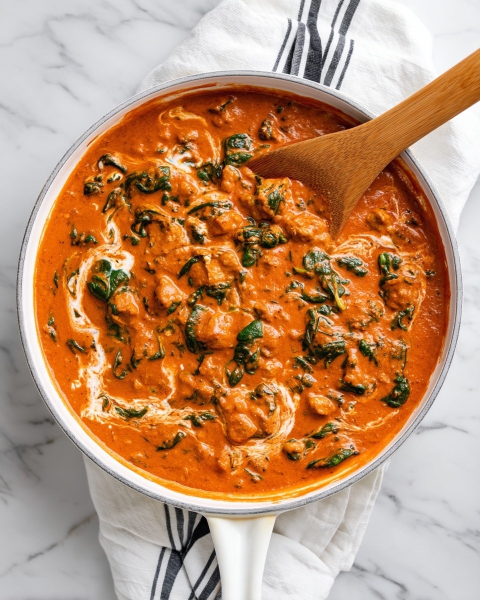 A white pan filled with a thick orange-red creamy sauce mixed with visible pieces of spinach and chunks of meat or tofu throughout. The sauce has some lighter cream swirls on top, adding texture and contrast. A wooden spoon rests inside the pan on the right side, partly submerged in the sauce. The pan is placed on a white marbled surface with a white cloth that has black stripes near the handle area. Photo taken with an iphone --ar 4:5 --v 7