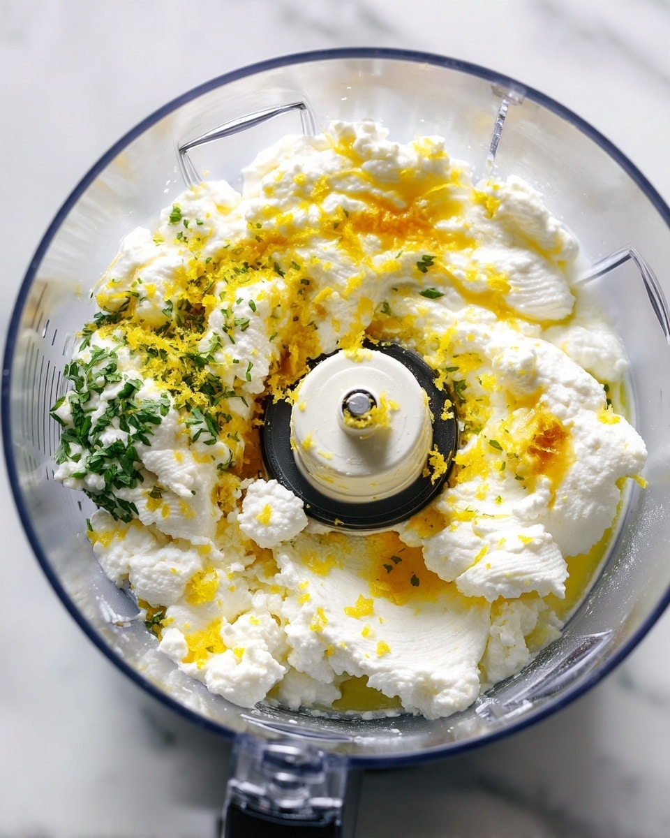 A clear food processor bowl shows a mix of fresh, white ricotta cheese clumps filling most of the bowl's space. On top of the cheese, bright yellow lemon zest and some liquid lemon juice are spread mostly in the center, with small green chopped herbs scattered on the left side. The sharp stainless steel blades inside the bowl sit beneath the cheese, visible through the gaps. The whole setup rests on a white marbled surface. Photo taken with an iphone --ar 4:5 --v 7
