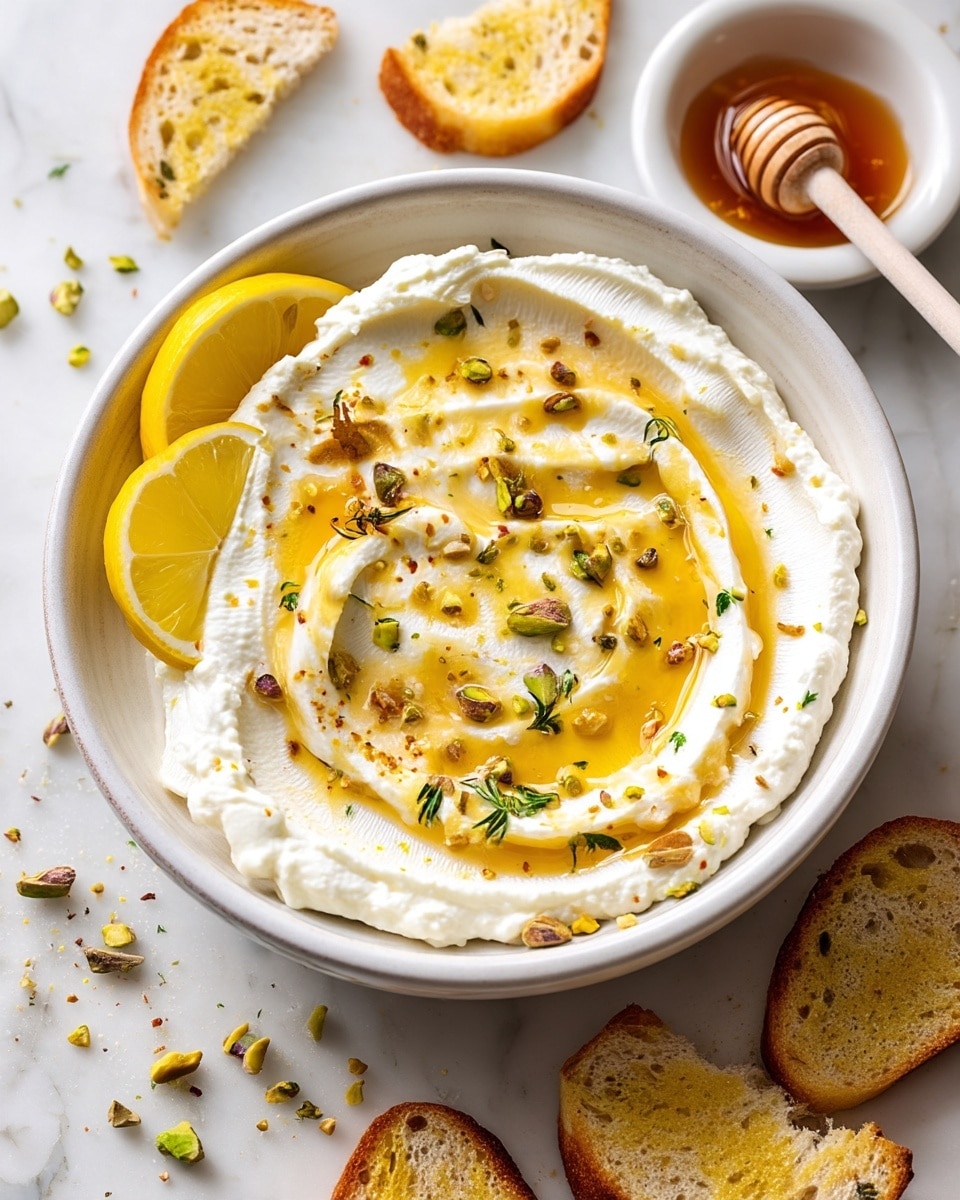 A white bowl holds a creamy, smooth white dip swirled with a light drizzle of golden oil on top. The dip is sprinkled with small chopped green pistachios and fresh green herb leaves, creating texture and color contrast. On the left inside edge of the bowl, there are two thin lemon slices resting against the dip. Around the bowl on a white marbled surface, several pieces of toasted bread with a golden-brown crust are scattered, some whole and one broken in half near a small white bowl of honey with a wooden honey dipper. Photo taken with an iphone --ar 4:5 --v 7