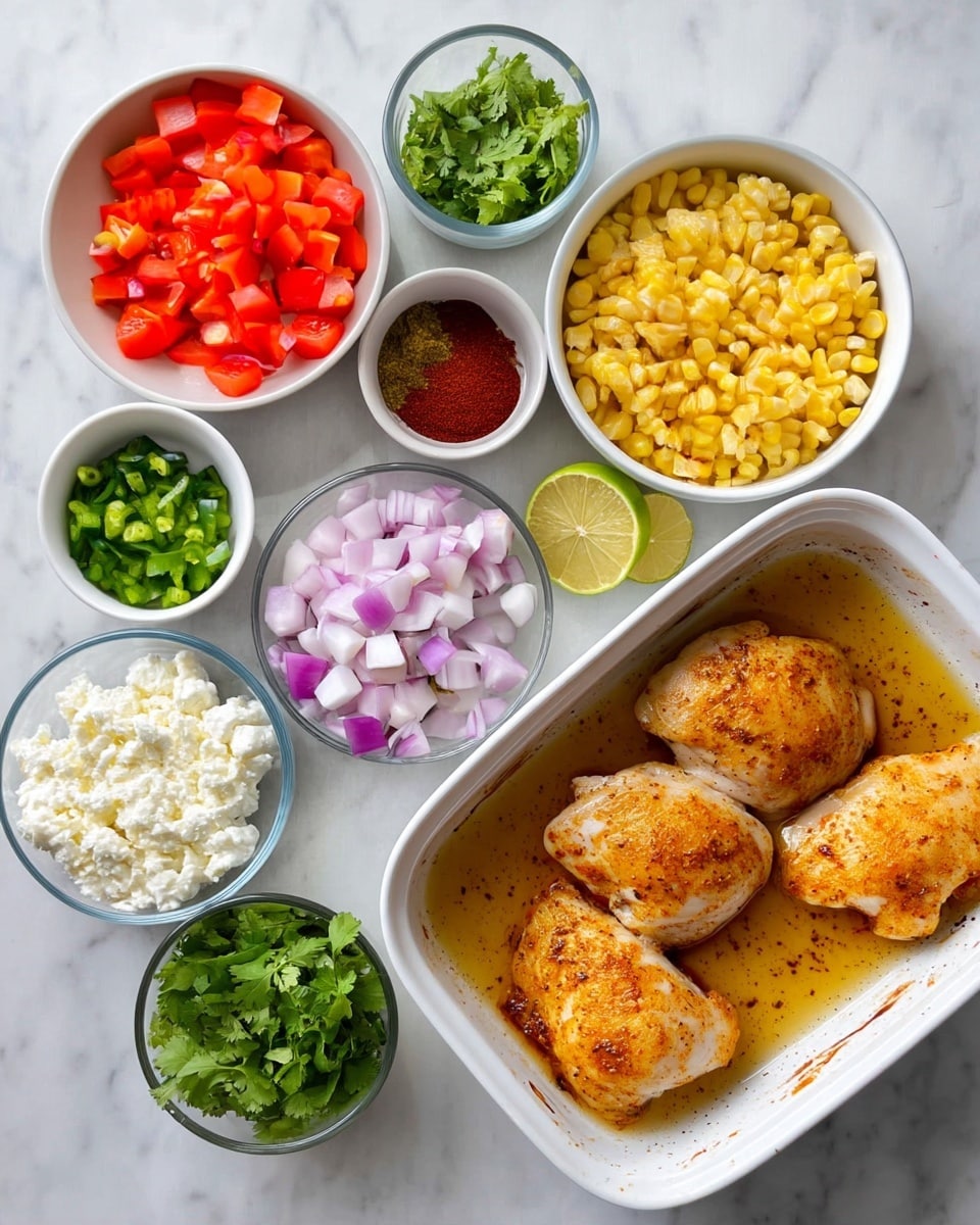 This image shows an overhead view of a cooking preparation with several white bowls and a white baking dish on a white marbled surface. In the white baking dish at the bottom, there are three cooked chicken pieces with a light brown color and visible seasoning in a liquid sauce. Above it, a large white bowl is filled with bright yellow corn kernels. Next to the corn, there is a small white bowl with bright red spices, including red chili powder. Towards the left, a medium white bowl holds vibrant, diced red tomatoes, and next to it, another white bowl contains chopped purple and white onions. Above these, a small white bowl contains chopped green chili peppers, and further up, a glass bowl has fresh green chopped cilantro. Another bowl contains creamy white cottage cheese, and a gray bowl holds thick white sour cream or yogurt. Two lime halves with a juicy green inside are placed in the middle of the ingredients. The photo taken with an iphone --ar 4:5 --v 7