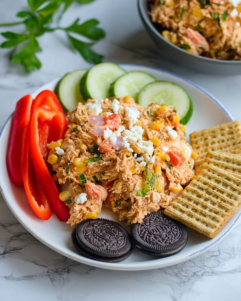 A white plate on a white marbled surface holds a gray bowl filled with a salad that has shredded orange chicken mixed with yellow corn, chopped red bell peppers, and green herbs, topped with white crumbled cheese. Around the bowl, there are bright red sliced bell peppers, green cucumber slices, two dark chocolate sandwich cookies, and a stack of greenish-brown square crackers with ridges. The background shows part of another gray bowl with a similar salad. Photo taken with an iphone --ar 4:5 --v 7