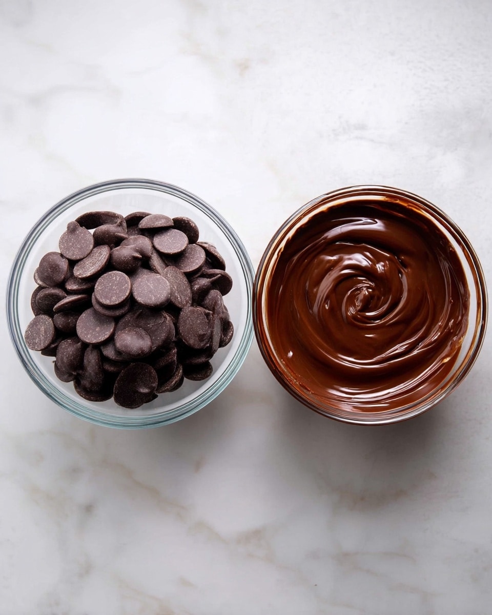 Two clear glass bowls are shown on a white marbled surface. The bowl on the left contains dark brown chocolate pieces shaped like flat discs, layered in a small heap. The bowl on the right contains melted chocolate with a smooth, shiny, and creamy dark brown texture, with a slight swirl pattern on the surface. photo taken with an iphone --ar 4:5 --v 7