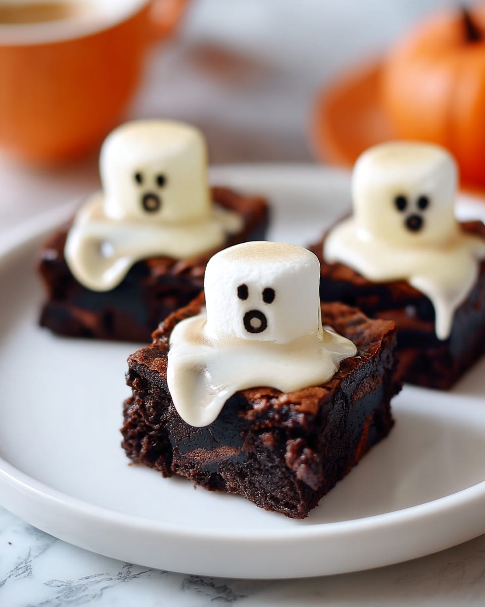 A close-up of three small square dark brown brownies each topped with a single large white marshmallow shaped like a ghost, with two small black eyes and a round black mouth drawn on it, the marshmallow slightly melting over the edges of the brownie. The brownies are placed on a clean white plate on a white marbled surface, with a blurred orange object in the background. Photo taken with an iphone --ar 4:5 --v 7
