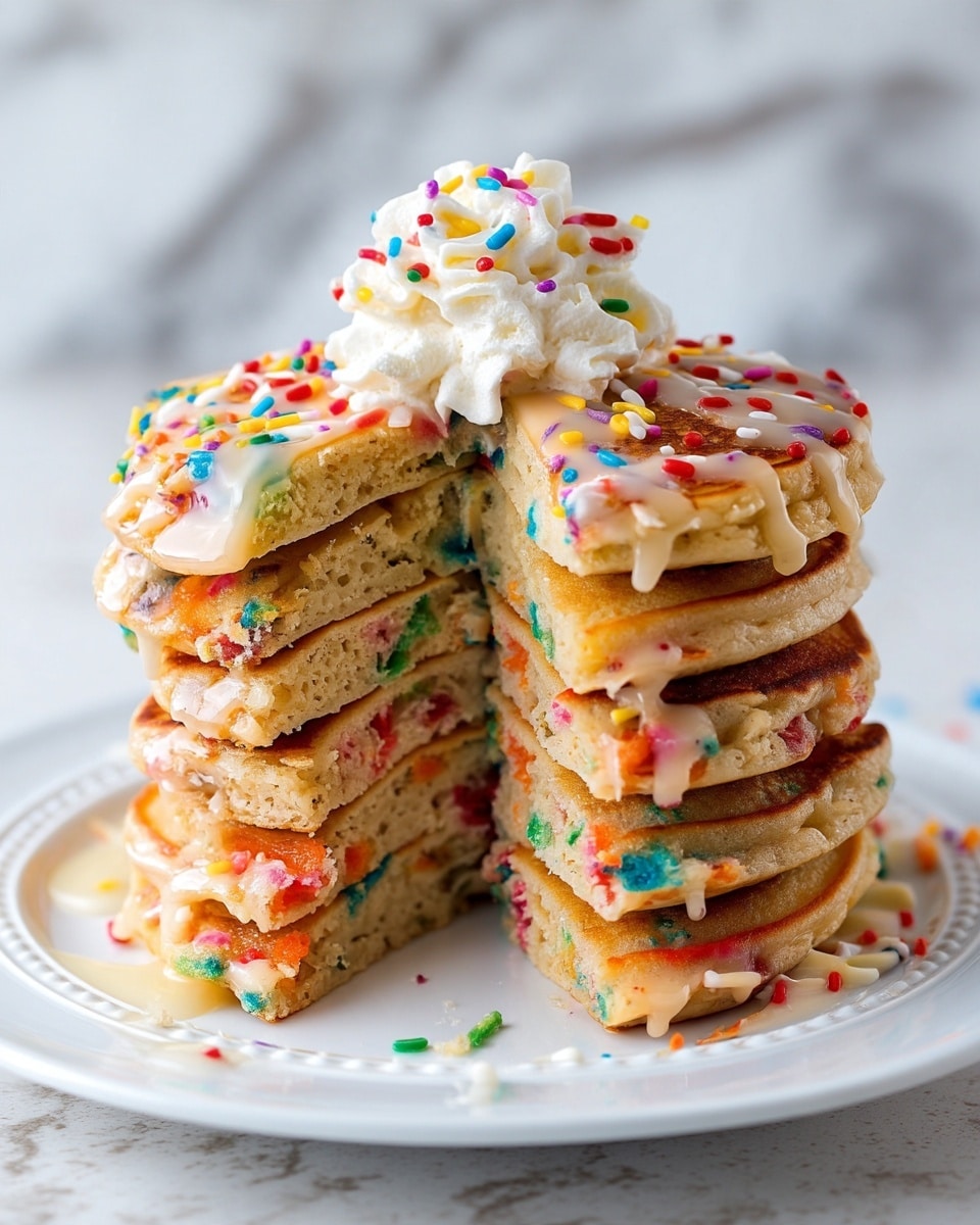 A stack of six thick, fluffy pancakes with colorful sprinkles mixed inside, placed on a white plate with a white marbled surface background. The pancakes show soft, light brown edges with vibrant red, blue, green, and orange sprinkles inside. The top pancake is partially sliced, showing the inside texture, and has a light drizzle of white glaze on top sprinkled with more colorful sprinkles. A dollop of white whipped cream is placed on the top pancake with some sprinkles on it. Photo taken with an iphone --ar 4:5 --v 7
