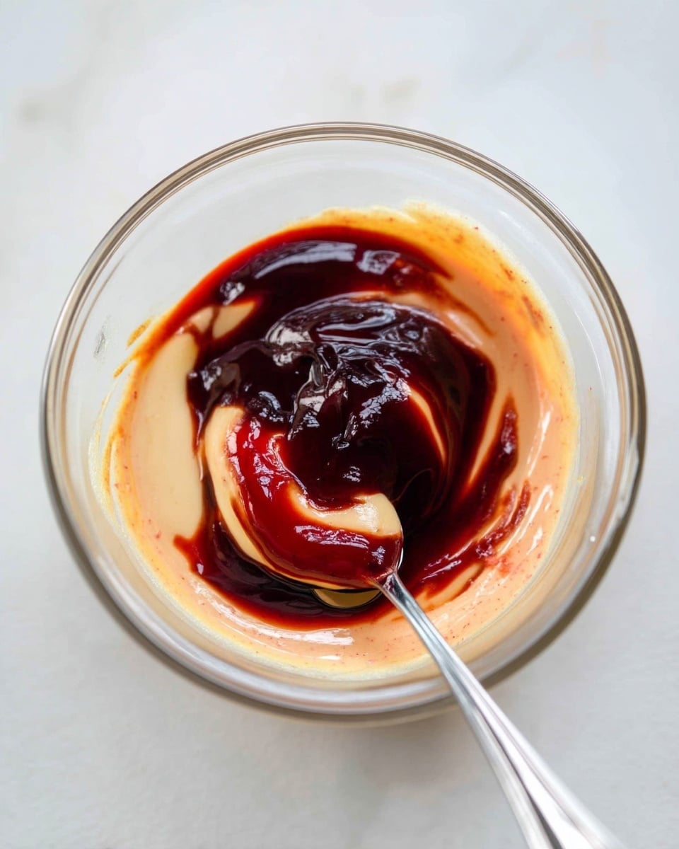 A clear glass bowl with a creamy sauce inside shows two main layers being mixed: a light beige sauce with a smooth, thick texture and a dark red, glossy sauce sitting on top. The sauces swirl together gently, creating a marbled effect where the colors blend slightly but remain distinct in parts. A silver spoon rests on the right side inside the bowl, partially submerged in the sauce. The bowl is placed on a white marbled surface. Photo taken with an iphone --ar 4:5 --v 7