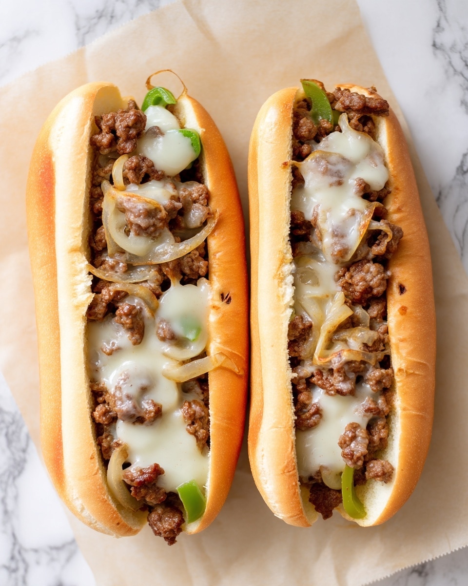 Two hot dog style white buns lie side by side on a sheet of parchment paper over a white marbled surface. Each bun is filled with a layer of cooked, small pieces of brown meat mixed with cooked onions that are translucent and light brown in color. There are thin slices of green peppers mixed in with the meat and onions, and a light layer of melted white cheese covers the filling, slightly stringy and creamy in texture. The buns look soft and slightly toasted on the outside. Photo taken with an iphone --ar 4:5 --v 7