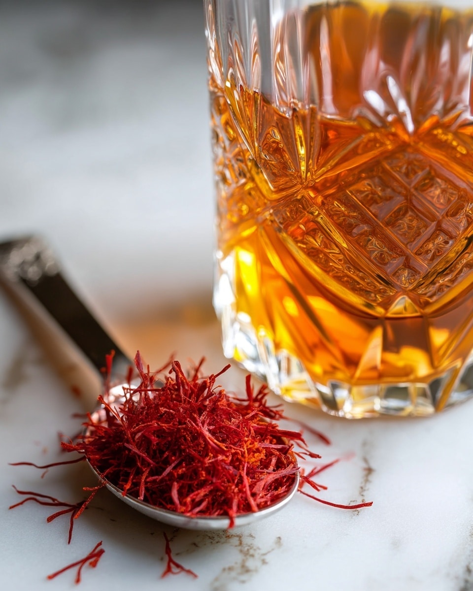 A close-up view of a small, shiny silver spoon filled with bright red saffron threads placed on a white marbled surface. To the right, there is the corner of a clear glass with a textured pattern, filled with an amber-colored liquid that glows warmly in the light. The focus is sharp on the saffron, showing its fine, stringy texture, while the glass has a soft light reflection. photo taken with an iphone --ar 4:5 --v 7