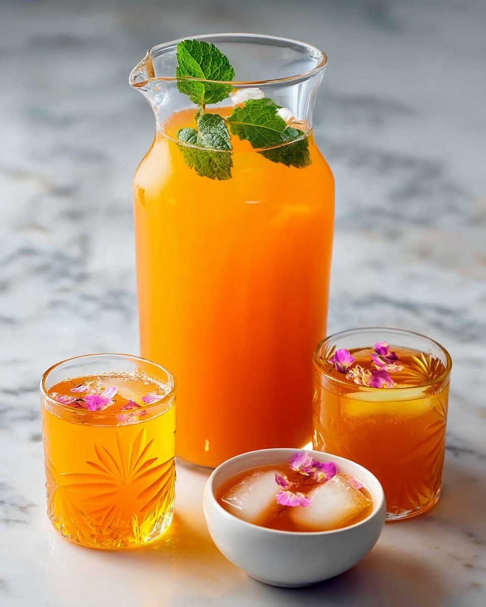 A tall clear glass pitcher filled with bright orange liquid sits on a white marbled surface. Inside the pitcher, a large green mint leaf floats near the top. Around the pitcher, there are three short white bowls filled with the same orange drink, some with ice cubes and one with small pink flower petals floating on top. Each bowl is placed at different distances from the pitcher, creating a balanced composition. The light reflects softly on the glass, making the liquid look refreshing and cool. photo taken with an iphone --ar 4:5 --v 7