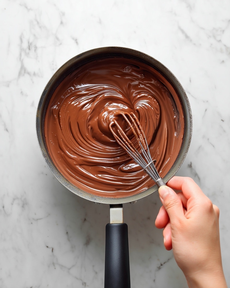 A top view of a single layer of thick, smooth chocolate mixture swirled in a grey pan with a black handle. A woman's hand is holding a small metal whisk mixing the rich, glossy brown chocolate that forms soft, shiny waves and curves inside the pan. The background is a white marbled surface. photo taken with an iphone --ar 4:5 --v 7