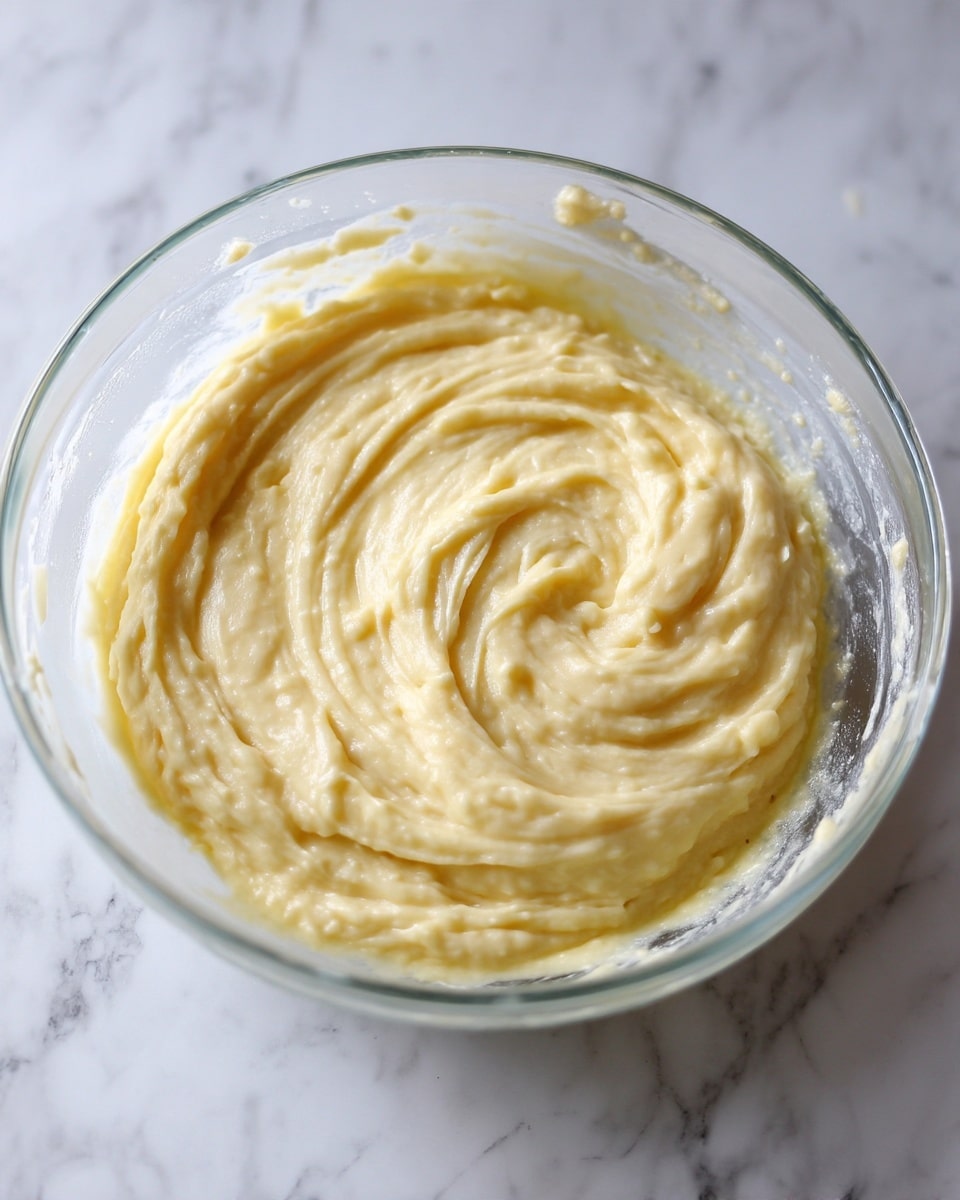 A close-up view of creamy, pale yellow batter with a smooth, slightly textured surface is shown inside a clear glass bowl. The batter fills the bowl unevenly with swirled ridges and small pockets of air visible throughout. The edges of the bowl have some batter residue, and the background is a white marbled texture. photo taken with an iphone --ar 4:5 --v 7