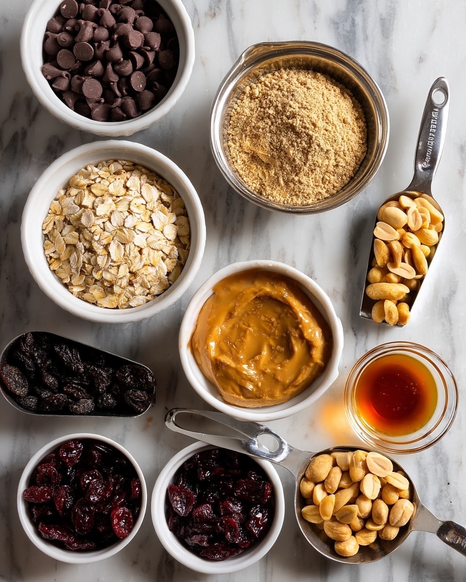 The image shows various ingredients arranged on a white marbled surface. There is a white bowl filled with dark chocolate chips on the bottom left, next to a metal scoop of light beige rolled oats. Above them, a metal scoop contains a light brown powdered spice. In the center, a metal measuring spoon is filled with smooth peanut butter, its creamy texture visible. To the right, a small glass bowl holds golden honey, while below it, a small glass bowl contains a dark amber liquid, likely vanilla extract. Nearby, a metal scoop is filled with dark dried raisins, and a white bowl holds deep red dried cranberries. Another metal scoop on the right side carries pale yellow raw peanuts. Each item is neatly arranged, showcasing a variety of textures and warm natural colors. Photo taken with an iphone --ar 4:5 --v 7