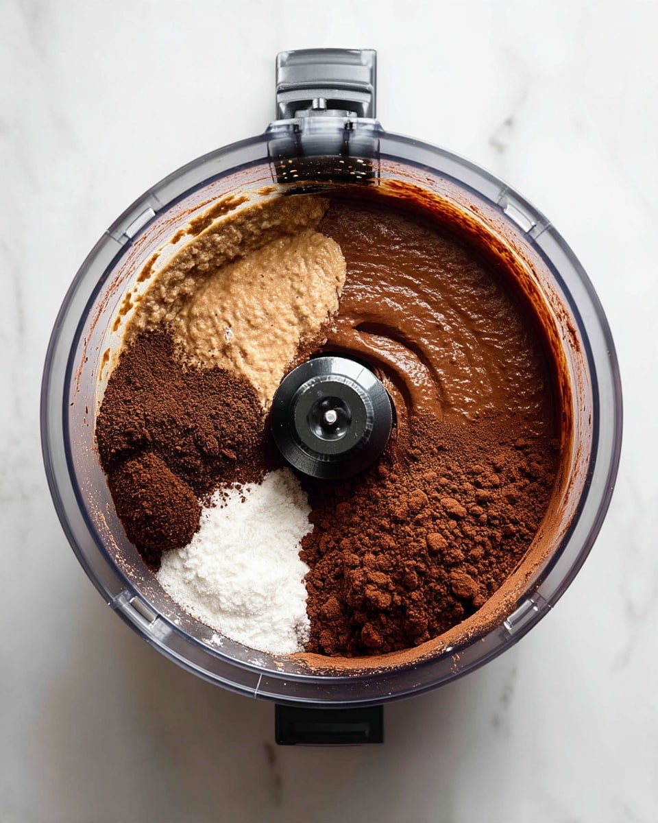 The image shows two steps of making a smooth chocolate mixture inside a clear food processor bowl. On the left, the mixture inside is light brown and grainy, with several dry ingredients like dark brown cocoa powder and white powder placed on top in different sections, not yet mixed. On the right side, the mixture is fully blended into a smooth, dark brown creamy texture, filling the bowl evenly. Both bowls sit on a white marbled surface, and the food processor’s black central blade piece is visible in the middle of each bowl. photo taken with an iphone --ar 4:5 --v 7