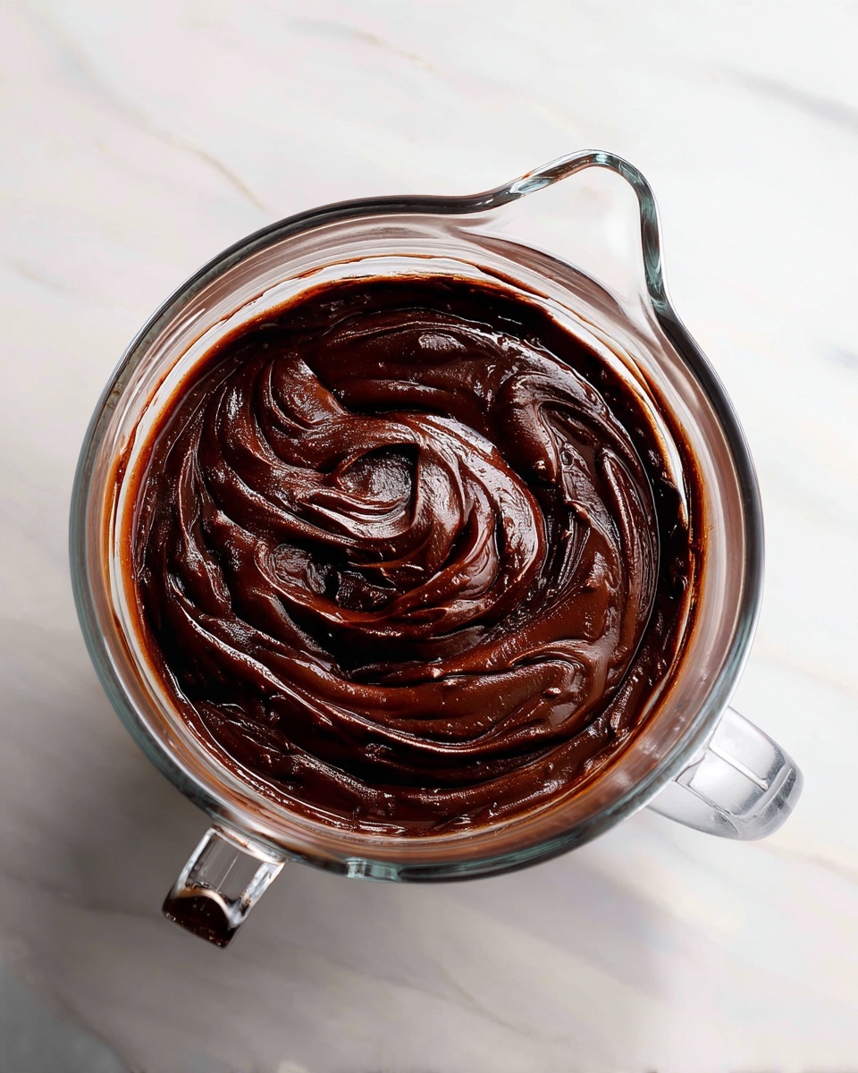A clear glass measuring cup filled with thick, smooth dark chocolate batter swirled with soft peaks on the top layer, showing a rich, glossy texture and deep brown color. The glass cup has a handle on the side and sits on a white marbled surface, with light reflections enhancing the shiny batter inside. The swirl pattern creates a sense of movement in the creamy chocolate. photo taken with an iphone --ar 4:5 --v 7