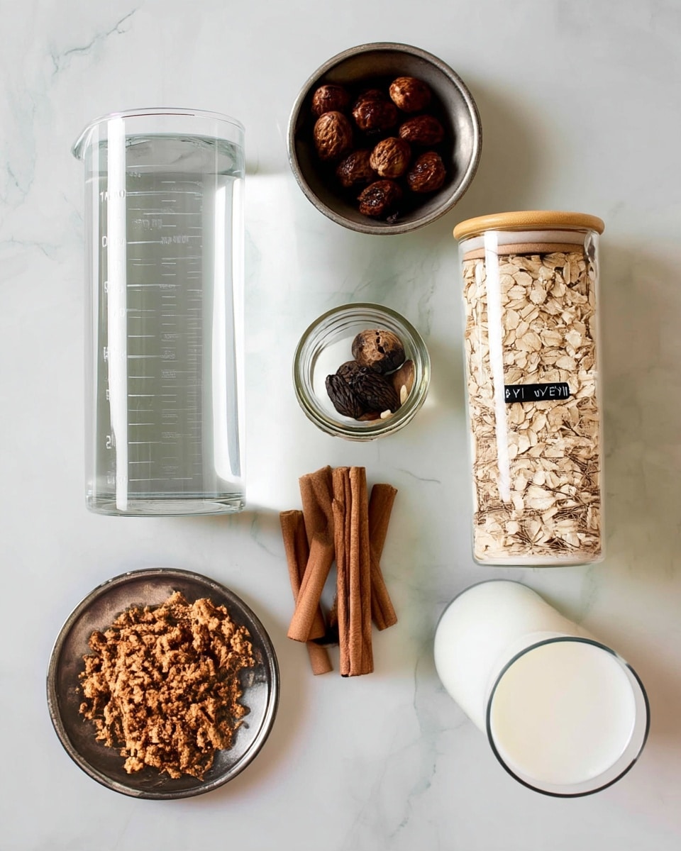 A flat lay image shows six items on a white marbled surface. On the top left, there is a clear glass measuring cup filled with water. To its right, a small clear glass jar contains several round, dark brown nuts. Below, slightly to the right, a tall clear jar with a wooden lid is filled with uncooked oats and labeled with black and white text. At the bottom left, a small, shallow round silver plate holds a pile of light brown crumbly sugar. To the right of it, a small round silver plate contains two cinnamon sticks and a few dark cloves. At the bottom right, a tall clear glass of white milk is partially visible. Photo taken with an iphone --ar 4:5 --v 7