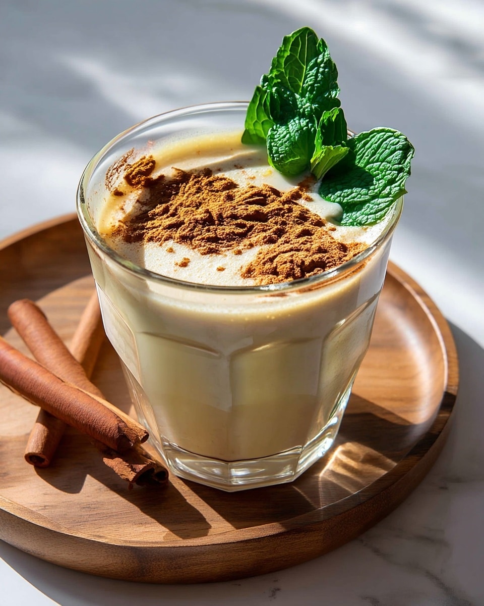 A clear glass holds a creamy beige drink with a smooth, frothy top layer, sprinkled with brown cinnamon powder in two small piles, and garnished with two bright green fresh mint leaves standing upright on the surface. The glass sits on a round wooden tray with two cinnamon sticks beside it, all placed on a white marbled surface. In the background, a white cup with a blue rim and a light brown frothy drink inside is partially visible, resting on the wooden tray. Light casts soft shadows, highlighting the texture of the cinnamon and mint leaves. Photo taken with an iphone --ar 4:5 --v 7