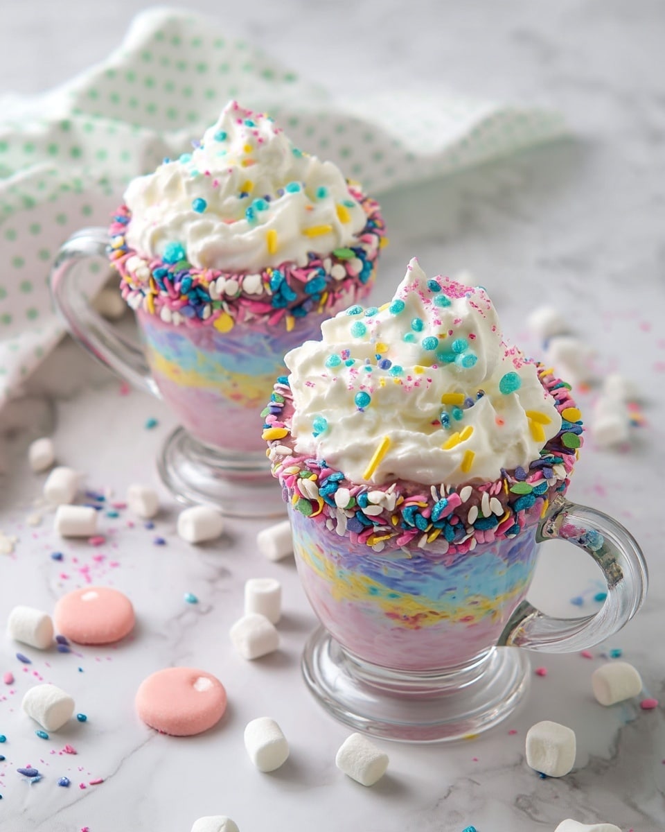Two clear glass mugs filled with a whipped cream-topped drink sit on a white marbled surface. Each mug has a colorful layer of multicolored sprinkles coating the rim in pink, blue, yellow, and purple shades. The whipped cream is swirled high above the rim, decorated with small round blue, yellow, and pink sprinkles, along with some pink sugar dust. Around the mugs are scattered small white mini marshmallows, pink and blue candy sprinkles, and two pink candy discs. A white cloth with light green polka dots is slightly visible near the top left corner. Photo taken with an iphone --ar 4:5 --v 7