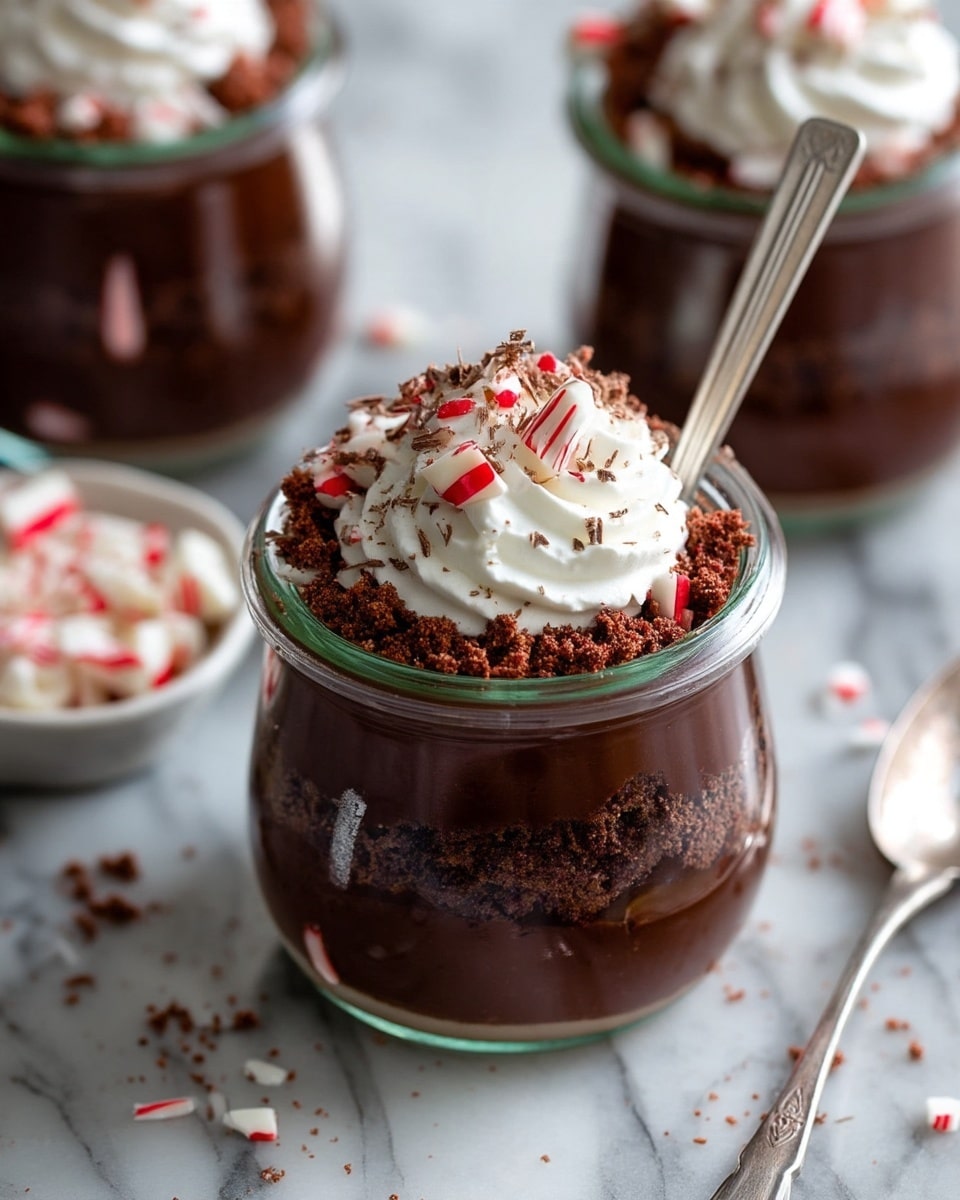 The image shows a glass jar dessert with three visible layers: the bottom layer is dark chocolate pudding, the middle layer is a crumbly chocolate mixture that looks slightly coarse, and the top layer is a swirl of white whipped cream. The whipped cream is decorated with small pieces of crushed red and white peppermint candy and sprinkled with fine chocolate shavings. A silver spoon is placed inside the jar, leaning against the side. The jar sits on a white marbled surface, and blurred bowls with similar chocolate crumbs and whole peppermint pieces are seen in the background. Photo taken with an iphone --ar 4:5 --v 7
