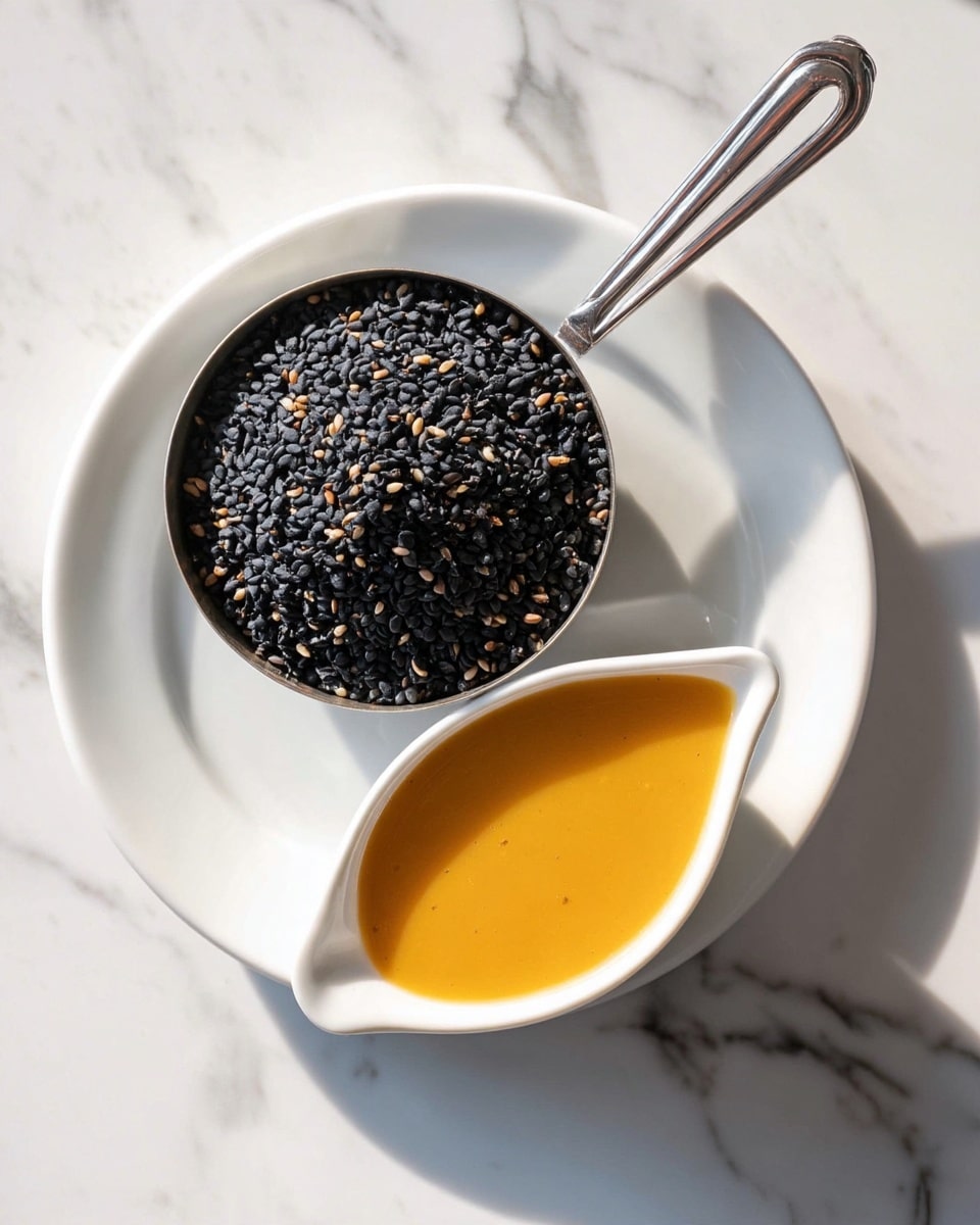 A round metal scoop filled with small, black sesame seeds with a few light brown seeds mixed in, resting on a white plate, all set on a white marbled surface. On the lower right side, there is a white ceramic sauce boat containing a thick, golden-yellow sauce with a smooth and shiny texture. The photo has bright natural lighting and soft shadows. photo taken with an iphone --ar 4:5 --v 7