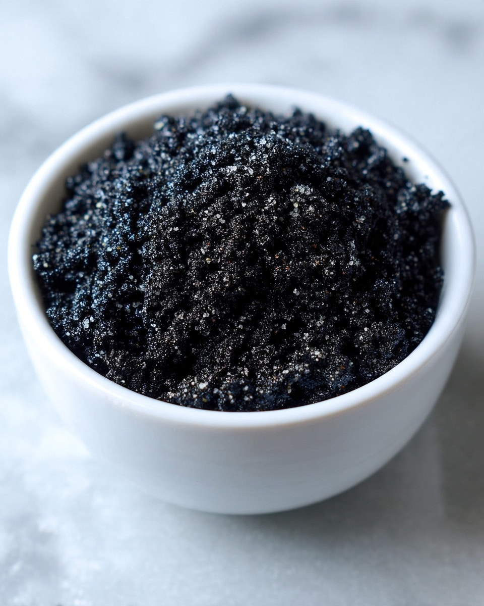 A white bowl filled with a single layer of coarse, black granules that have tiny white specks mixed throughout, giving it a textured, uneven look. The top of the granules is slightly heaped, creating small clumps, and the bowl sits on a white marbled surface. Photo taken with an iphone --ar 4:5 --v 7