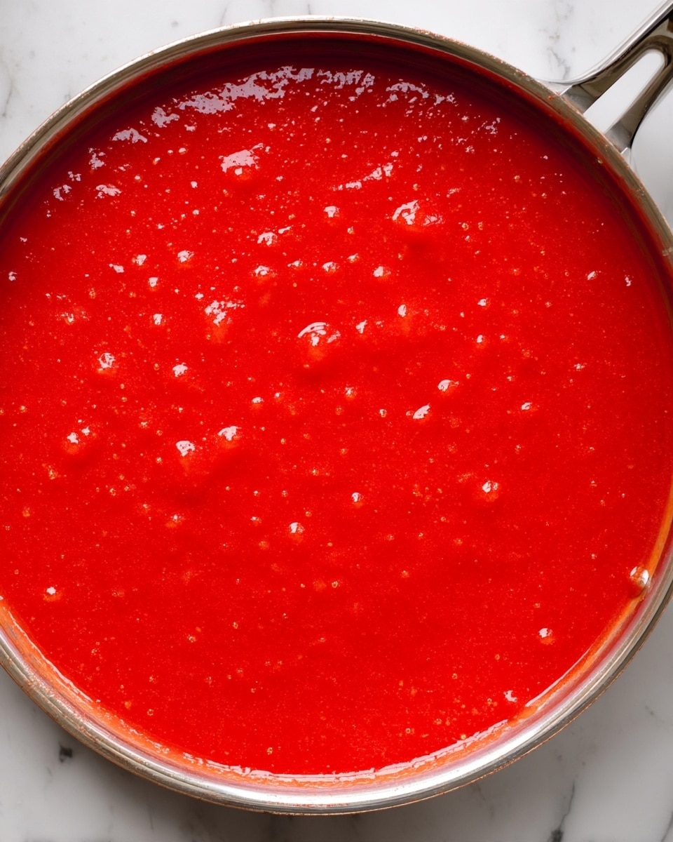 A close-up view of a frying pan filled with smooth, bright red sauce that has a slightly thick texture and small bubbles on the surface, showing it is simmering. The sauce covers the entire bottom of the pan, with a bit of sauce stuck to the side. The background is a white marbled texture. Photo taken with an iphone --ar 4:5 --v 7