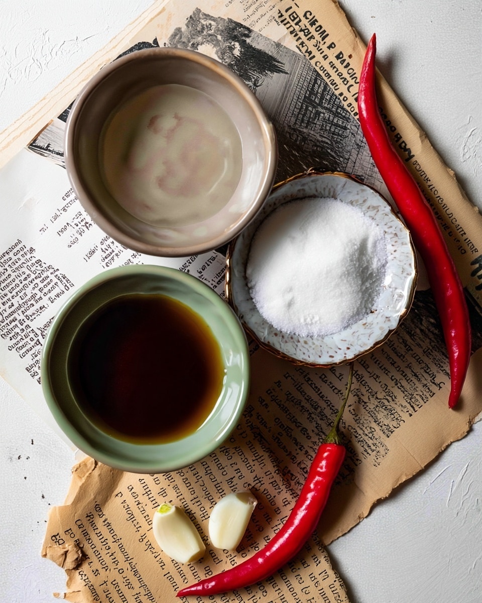 The image shows three small bowls placed on old torn papers with black and white text and photos, laid on a white marbled surface. The top bowl is beige and empty with a smooth texture inside, positioned towards the center left. Below it and slightly to the right is a white bowl with gold edges, filled with white granulated salt showing a rough, grainy texture. At the bottom left, there is a green bowl filled with a dark brown sauce with a shiny surface. To the right of the bowls, there are two long red chili peppers with smooth skin placed diagonally, and two peeled garlic cloves with a shiny surface near the bottom right. photo taken with an iphone --ar 4:5 --v 7