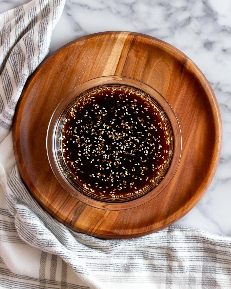 A close-up top view of a single layer of thick dark reddish-brown sauce with small bits inside, placed in a round shiny metal pan. The pan rests on a white cloth with gray stripes over a wooden board on a white marbled surface. The sauce has a glossy and slightly textured look with swirls visible on the surface, showing its thick consistency. Photo taken with an iphone --ar 4:5 --v 7