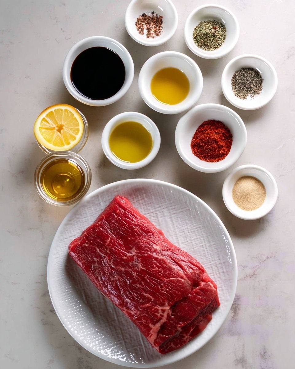 A large piece of raw red beef lies on a white plate with a subtle textured pattern, placed on a white marbled surface. Above it, nine small white bowls are arranged in a loose grid, each containing different ingredients: salt, cracked black pepper, crushed red pepper flakes, dried herbs, a light tan powder, two dark liquid sauces, golden olive oil, and a halved lemon in a glass container. The colors contrast with the plain white dishware and the pale marbled surface, creating a clean, organized visual display of raw ingredients. photo taken with an iphone --ar 4:5 --v 7