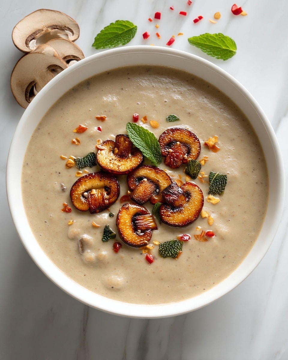 A thick creamy beige soup fills a white bowl, with visible small mushroom pieces and a smooth texture. On top, there are several golden-brown sautéed mushroom slices arranged in the center, mixed with a few green herb leaves and small red chili flakes scattered around, adding color contrast. The bowl rests on a white marbled surface with sliced mushrooms nearby. Photo taken with an iphone --ar 4:5 --v 7