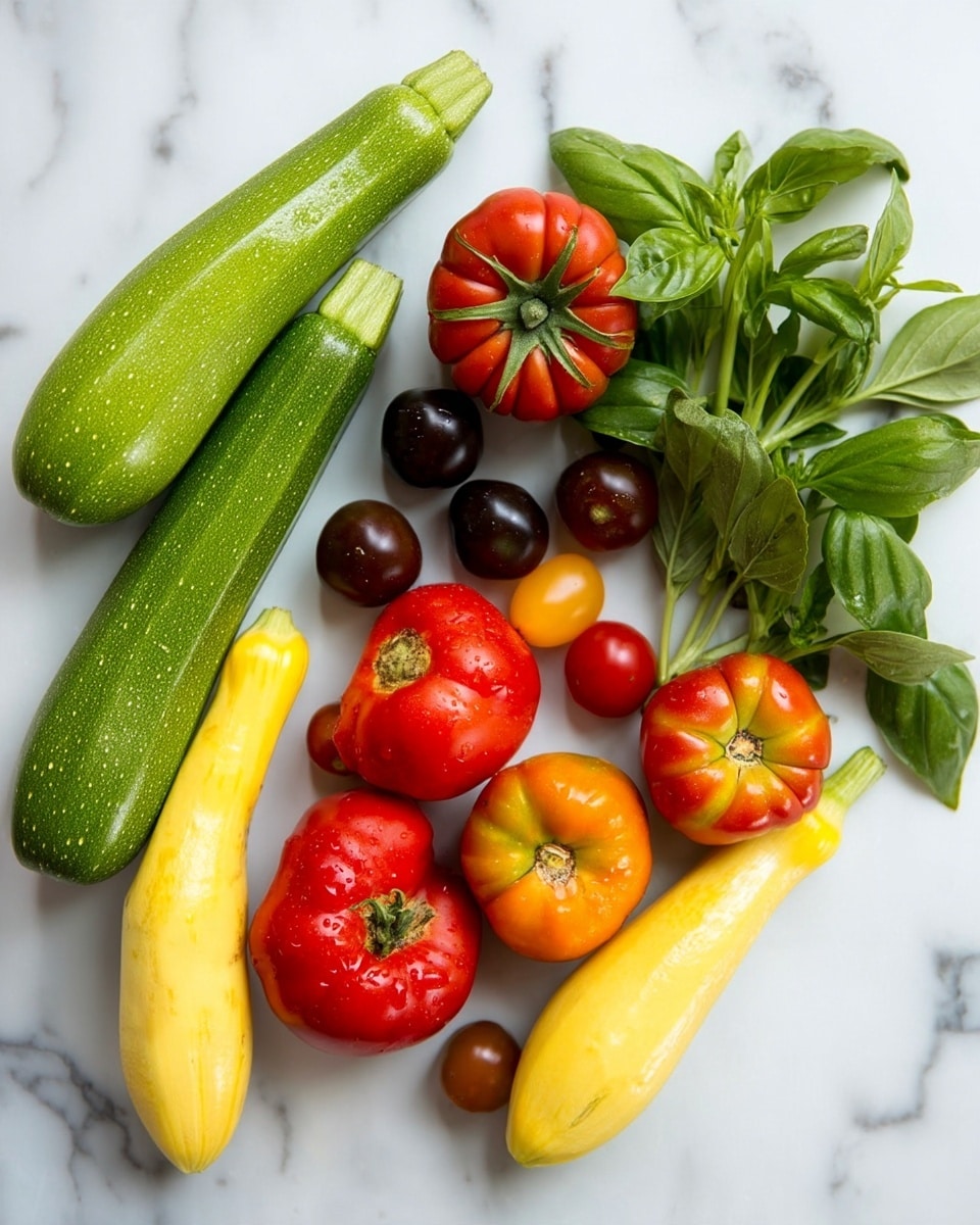 The image shows a group of fresh vegetables arranged on a white marbled surface. There are two green zucchinis placed diagonally on the left and bottom sides of the image. Two yellow squashes, one near the zucchinis and one more toward the middle bottom, add a bright yellow color. In the center, there are different colored tomatoes, including red, orange, and dark brown small tomatoes, with two larger red heirloom tomatoes nearby. On the top right, a bunch of fresh green basil leaves with stems add a leafy texture and vibrant green color. The vegetables are spread out naturally with no plate underneath. Photo taken with an iphone --ar 4:5 --v 7