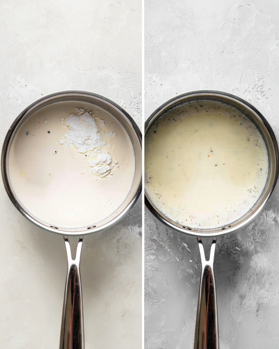 Two top-down photos side by side showing a stainless steel pot on a white marbled surface. The left photo shows a creamy white liquid with some small clumps of white powder floating on top, while the right photo shows the same creamy liquid now smooth and mixed with tiny black specks evenly spread through the liquid. The pot is centered, and the shiny metal handle is pointing down. photo taken with an iphone --ar 4:5 --v 7