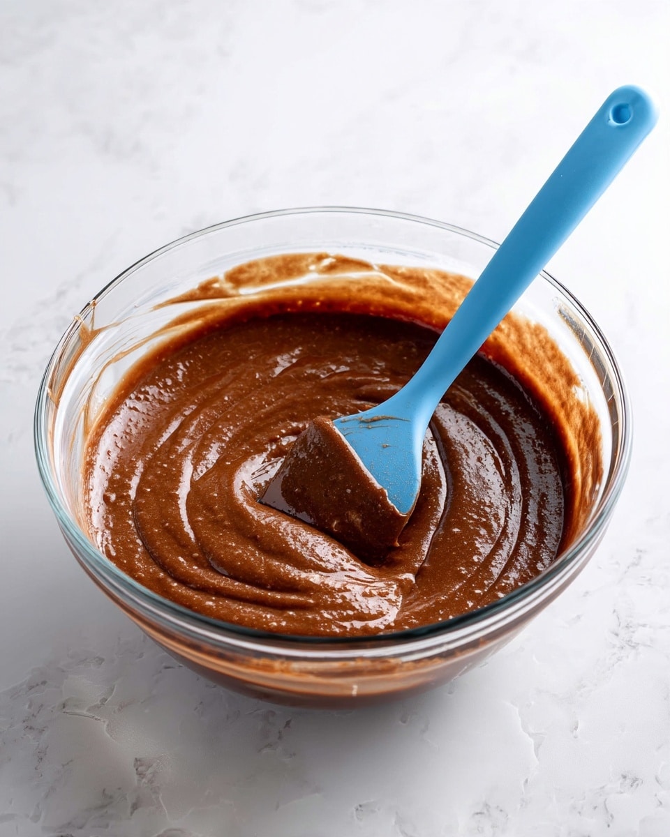 A clear glass bowl filled with a smooth, rich brown chocolate batter with a slightly shiny texture. A blue spatula rests inside the bowl, partially dipped into the thick batter, showing gentle swirls on the surface. The bowl is placed on a white marbled surface. photo taken with an iphone --ar 4:5 --v 7