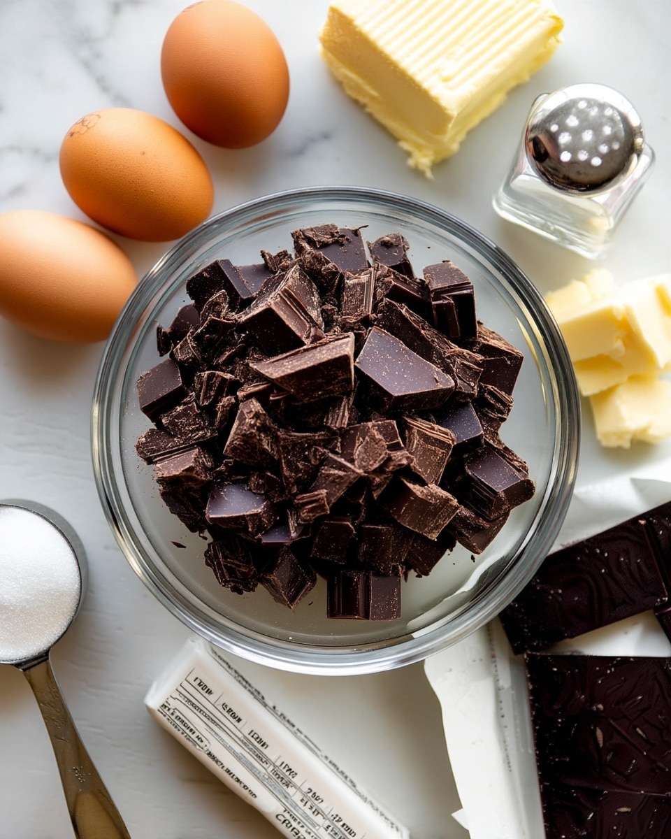 A clear glass bowl filled with uneven chunks of dark brown chocolate sits in the center on a white marbled surface. Surrounding the bowl are four brown eggs arranged in a loose cluster, a silver measuring spoon holding white granulated sugar, a stick of butter wrapped in white paper with measurement markings, and a partially opened block of dark chocolate bar resting on white parchment paper. In the top right corner, a clear glass salt shaker with a metallic top is visible. The lighting is bright and natural, highlighting the textures and colors of each ingredient. photo taken with an iphone --ar 4:5 --v 7